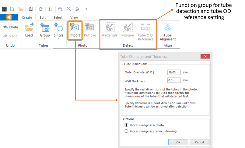 Figure 1: Chargement de la photo de la plaque tubulaire dans TubePro 6 via le ruban Créer, avec des options permettant de spécifier les dimensions réelles telles que le diamètre extérieur (OD) et l'épaisseur de la paroi (WT) pour une détection précise du tube. 