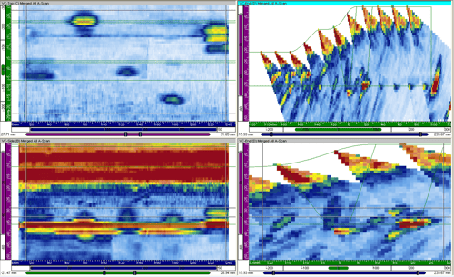 Actual UT data acquired with flexible array on tapered specimen using the position dependent focal law groups tool