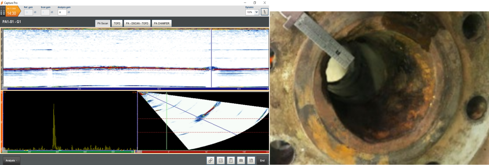 Analysis of flange face corner and the change in response on the encoded scan left and typical corner corrosion being physically measured right