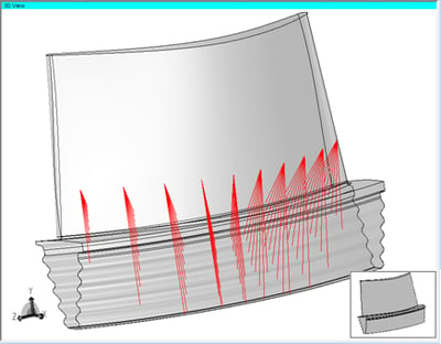 "Azimuthal" set of rays, insonifying turbine blade root attachments