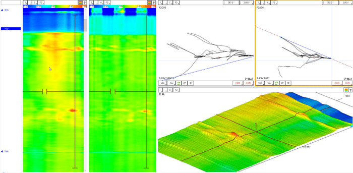 C-SCAN IMAGES FROM DEFHI DATA IN AN AREA WITH INDICATIONS OF ID CORROSION EROSION BETWEEN THE FIRST SUPPORT AND THE TUBE SHEET