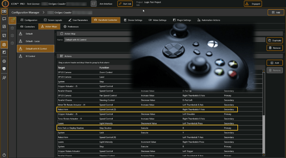 La cinématique a fourni des actions de contrôle X, Y, Z mappées sur les commandes du joystick du contrôleur portable.