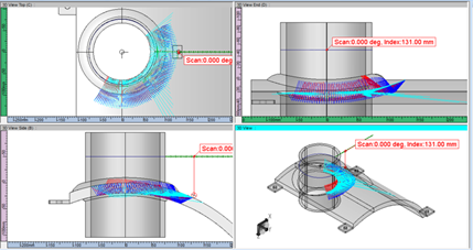 Coverage map from ray tracing showing rays for three selected beams for all scan positions