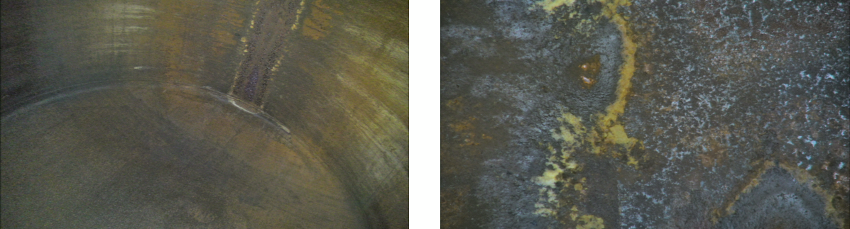 Dome end view in left image, with close up of 1200h pitting in extremity where dome end meets tank wall