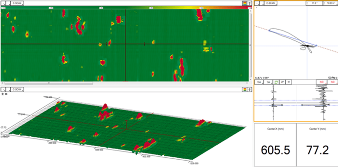 C-scan identifying heavily degraded tank floor plate