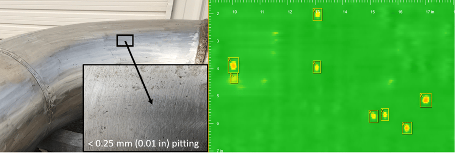 Example of a C-scan with indications of corrosion pitting less than 0.25 millimeters or 0.01 inches at the surface of stainless steel piping