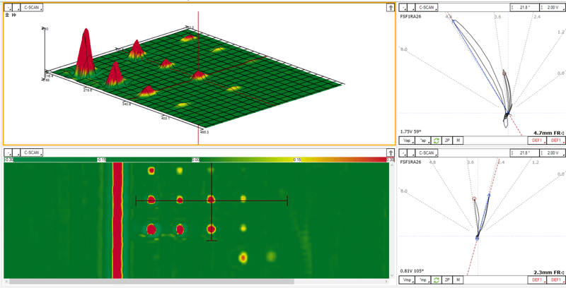 I-Flex XL scanning an SS316 plate data showing flat bottom holes