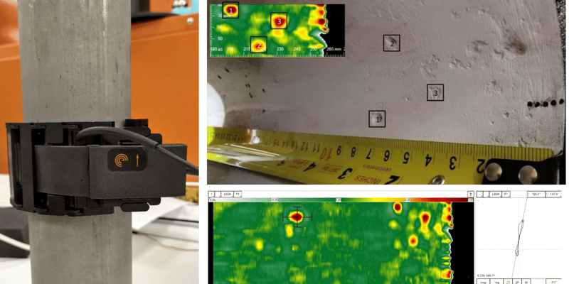 I-flex with manual pipe scanner, scanning the pipe from the outside. C-scan mirror image of the inside wall.