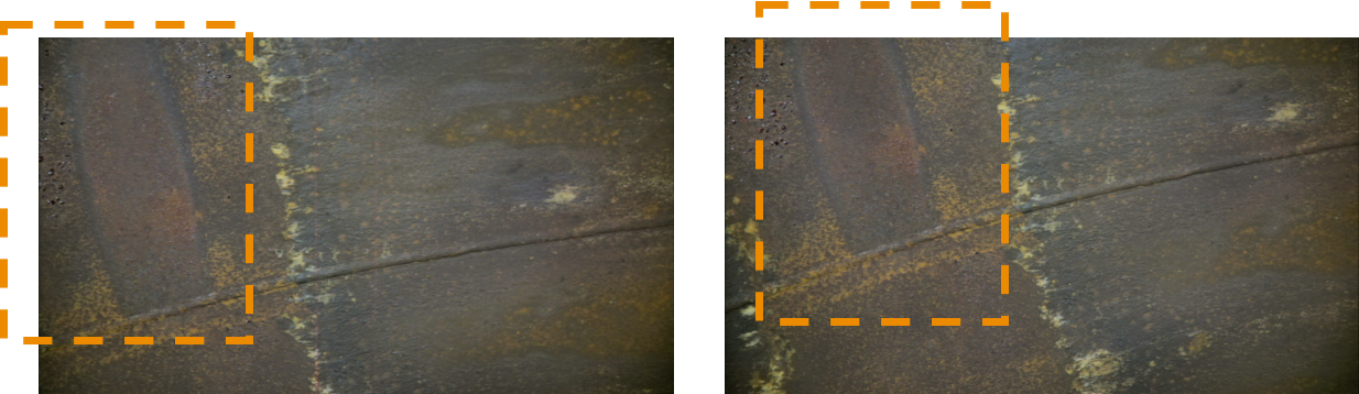 Internal view of welded joints – surface corrosion evident in and around 12 oclock position – shown in orange box