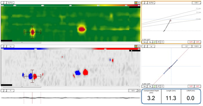 Magnifi software interface offers easy-to-interpret C-Scan views and assisted analysis for crack depth and length sizing