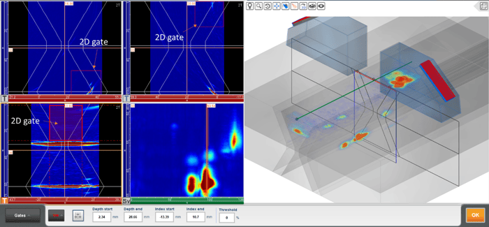 Multigroup configuration with three TFM exported into the 3D view with 2D gates in the TFM images shown in red