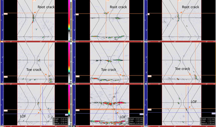 Multigroup configuration with two pulse echo left and right and one pitch catch middle groups for a 25-millimeter 1 inch V-weld