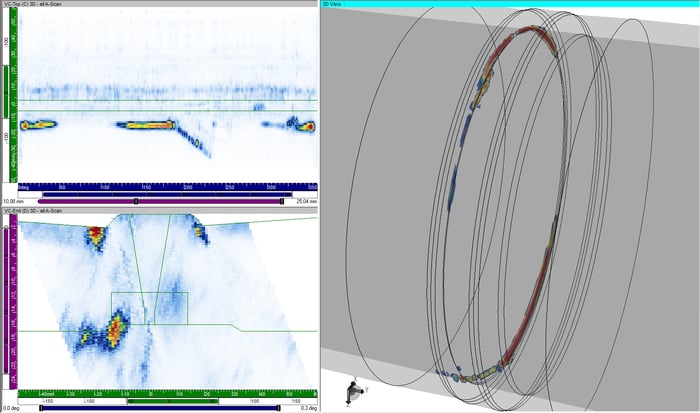 Phased array UT data recorded on pipe weld with as-built weld crown 2