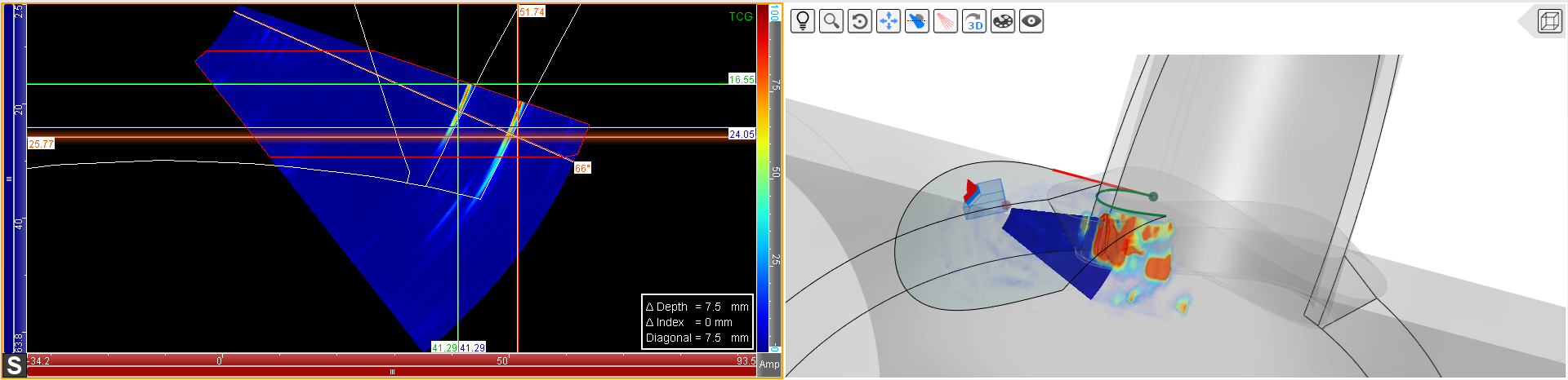 Sectorial scan with the part overlay and 3D plot of a section of nozzle inspection