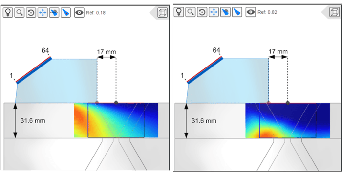 Sensitivity map for the TT mode with a point-like defect left and TTT mode for a planar vertical defect right