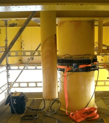 Guided wave testing on an entire length of a caisson from the topside