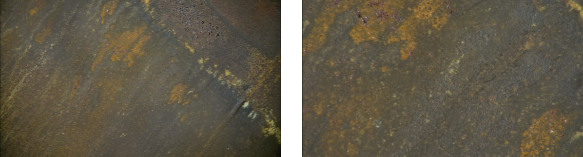 Wide angle and close up view of 1155h position and evidence of corrosion pitting – additional close up image shown on right hand image