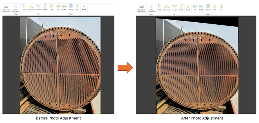 Figure 2: Ajustement de la photo de la feuille de tubes à l'aide des outils d'inclinaison et de rotation pour une détection optimale des tubes.