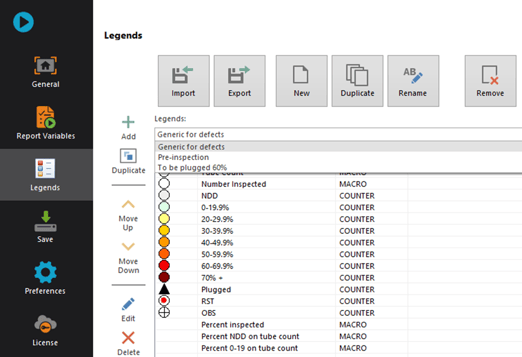 TubePro 6 Legends menu. These legends, when integrated with inspection data in drawings, charts, results tables, and maps, facilitate clear interpretation of inspection data. 