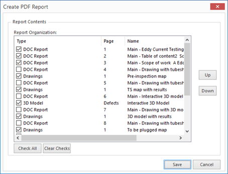Finalize report content for PDF report generation through the dedicated interface. The user selects and organizes the report elements and pages composing the PDF report. 