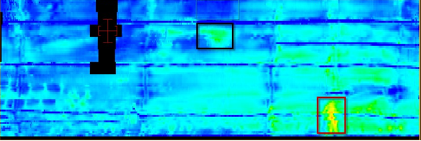 PEC array data illustrates the mapping of structural elements on a predominantly intact ship hull, with true wall loss highlighted within the red rectangle and material property variations delineated within the black rectangle. 