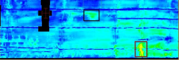 PEC array data illustrates the mapping of structural elements on a predominantly intact ship hull, with true wall loss highlighted within the red rectangle and material property variations delineated within the black rectangle.
