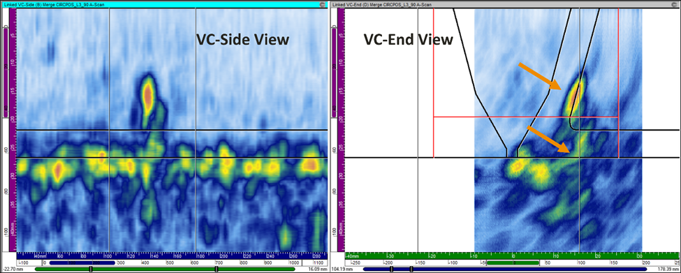 Figure 4:  Image of circumferential thermal fatigue crack in dissimilar metal weld, detected with PWI-TFM technique using L-waves from 1.5 MHz DMA probe assembly; tip and corner echoes can be resolved for sizing 